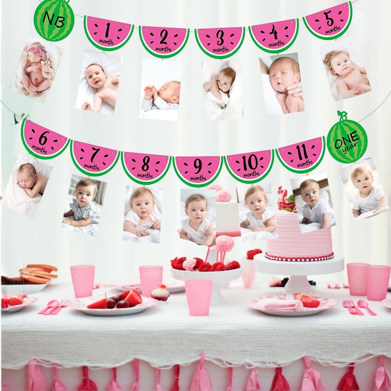 Joymee Watermelon Photo Banner 1-12 Month 1st Birthday Monthly Banner Baby Girl Photo Display Milestone Photograph Bunting Garland One In a Melon Summer Fruit Themed Party Supplies Decorations - Image 1